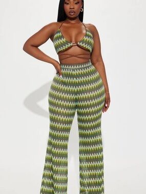 Fashion Nova Green Zigzag Knit High-Waist Wide-Leg Pants